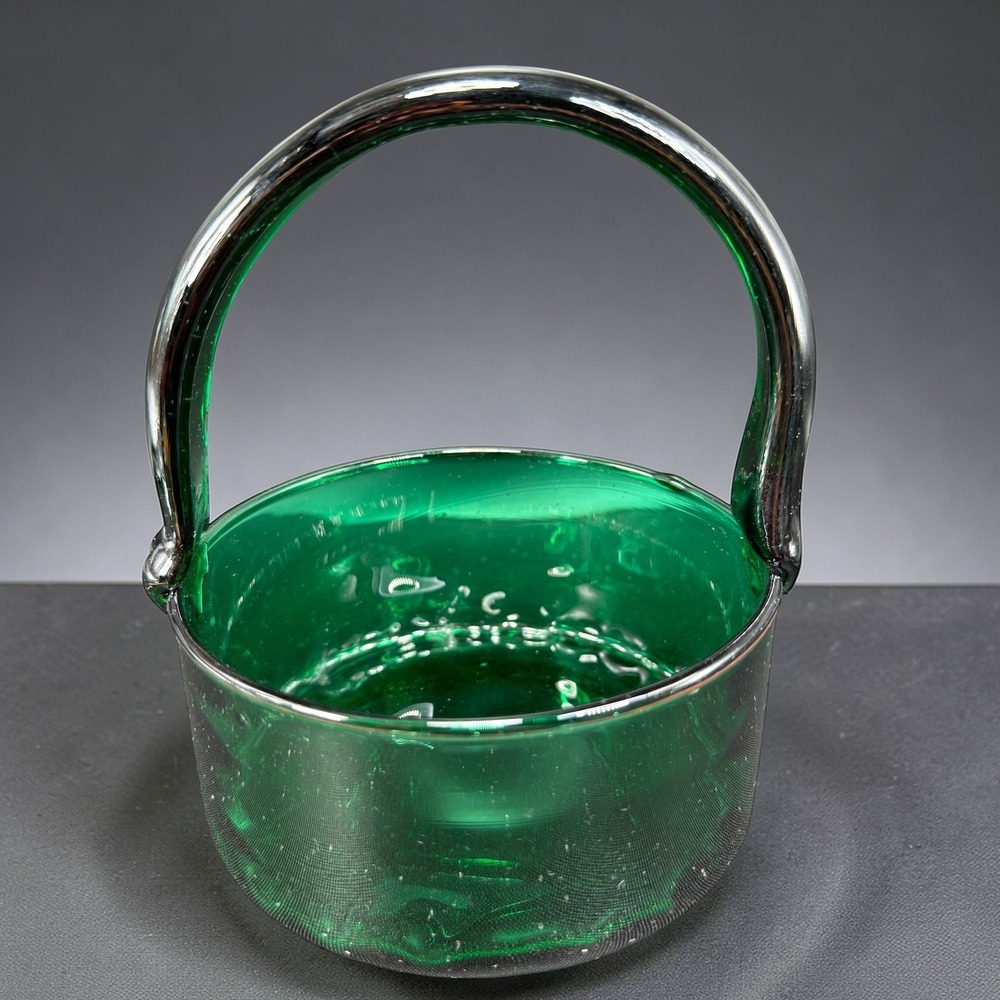 Vintage Emerald Green Hand‎ Blown Glass Basket Applied Handle Decorative Dish